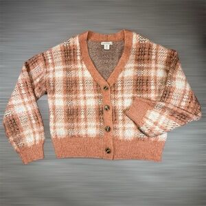 Cupcakes & Cashmere Plaid Cardigan Sweater Women’s Medium Cropped Button Front